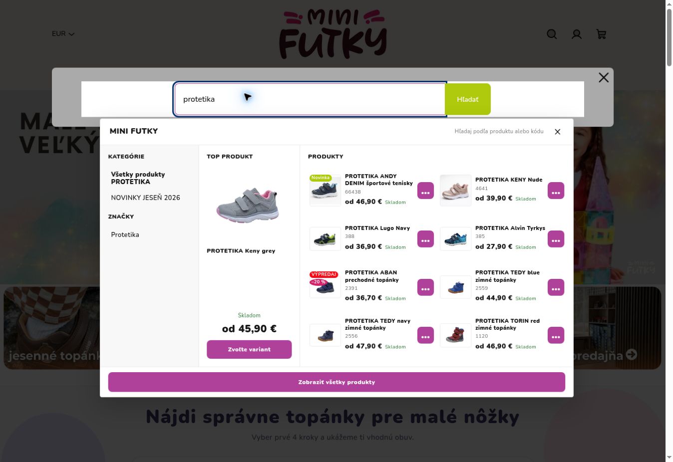 Doplengo Search na Minifutky s kategóriami, top produktom a ďalšími výsledkami